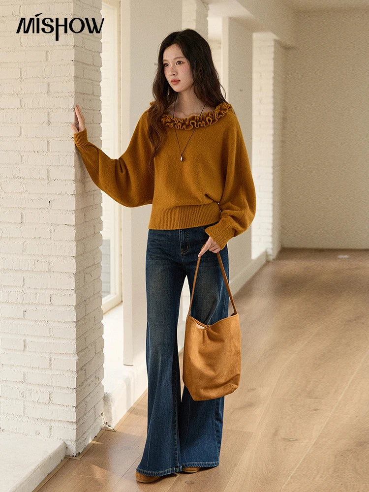 Mishow Orange Lotus Edge Lantern Sleeve Pullover MXE86Z2726