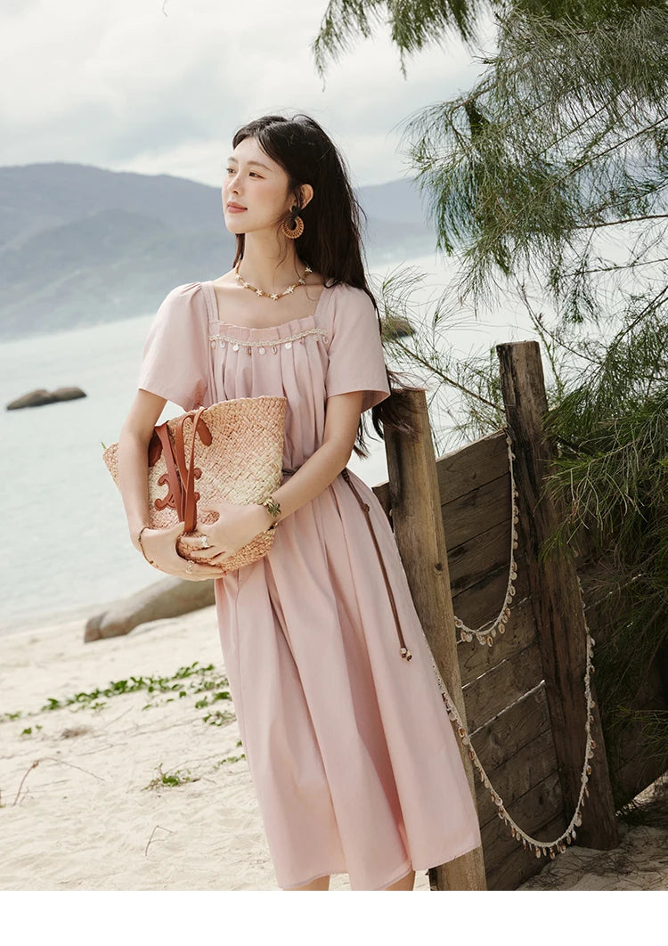 Mishow Bohemian Pink Square Collar Belt Dress MXE33L2158