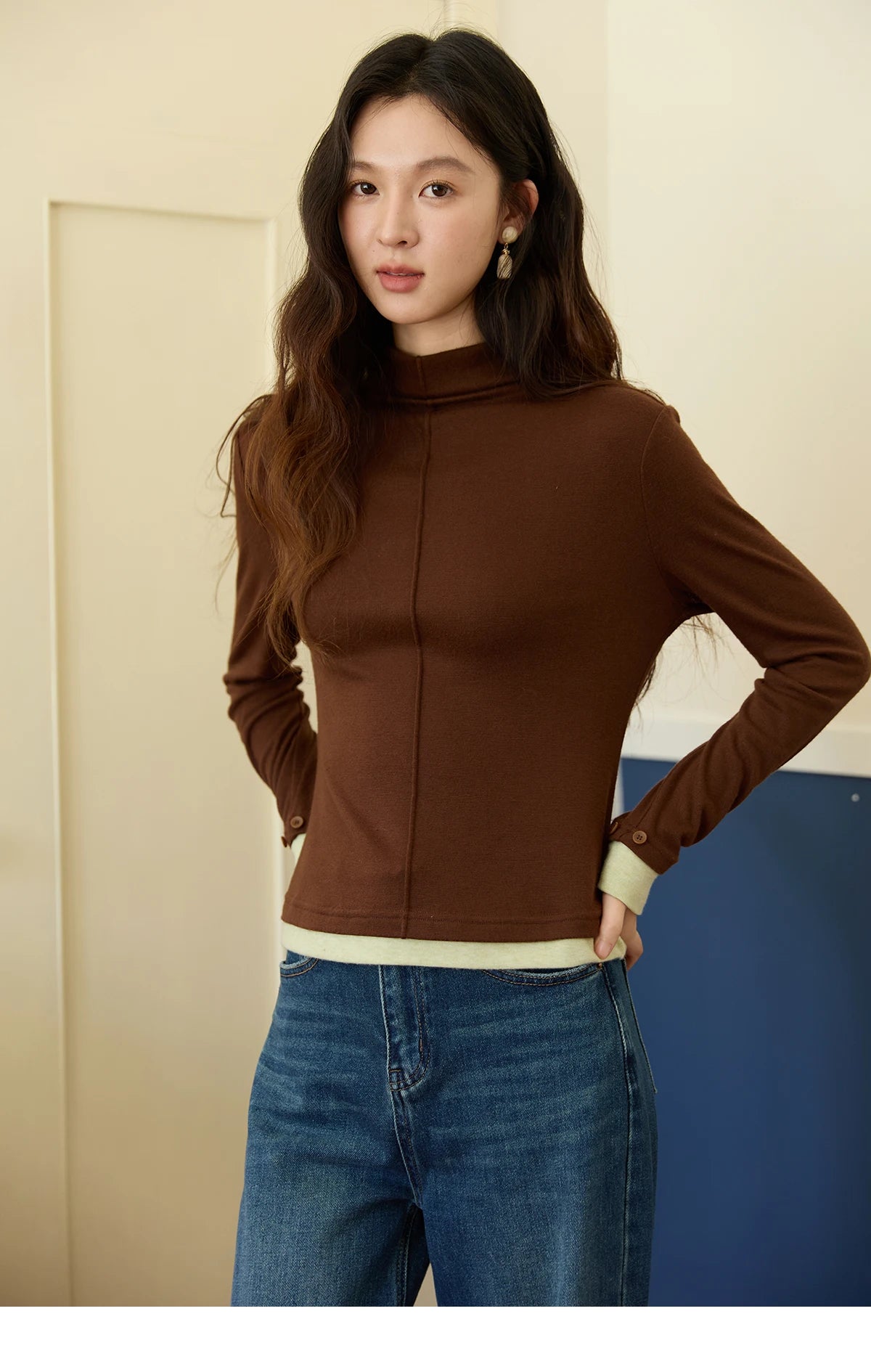 Mishow Apricot Stand Collar Slim Top with Detachable Cuffs MXE49Z2532