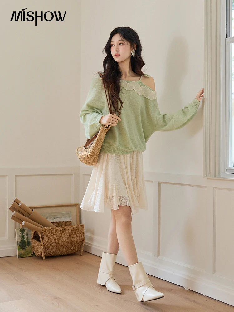 Mishow Light Green Asymmetrical Exposed Shoulder Top MXF108Z1027