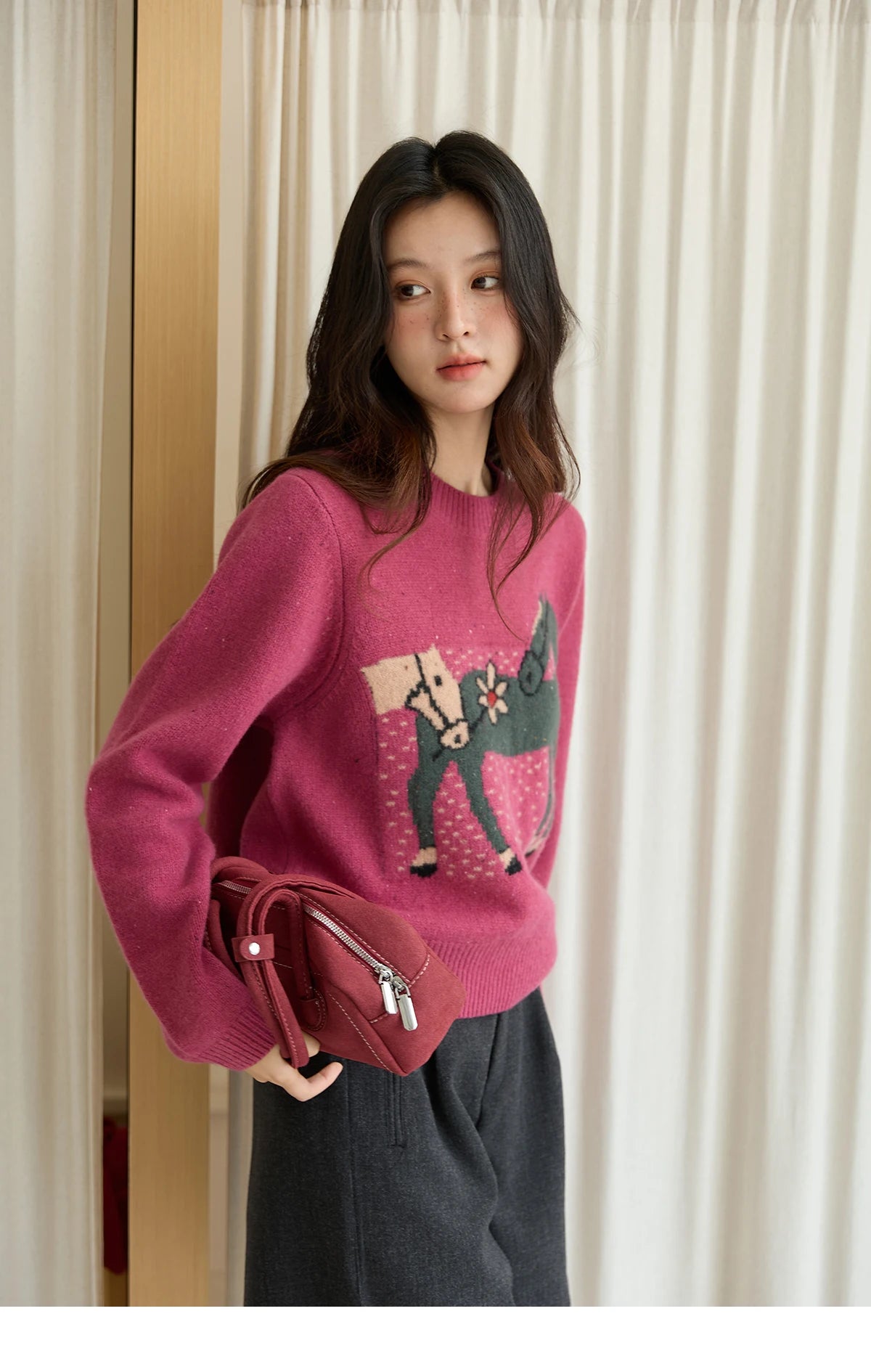 Mishow Red Pony Jacquard Round Neck Pullover MXE48Z2622
