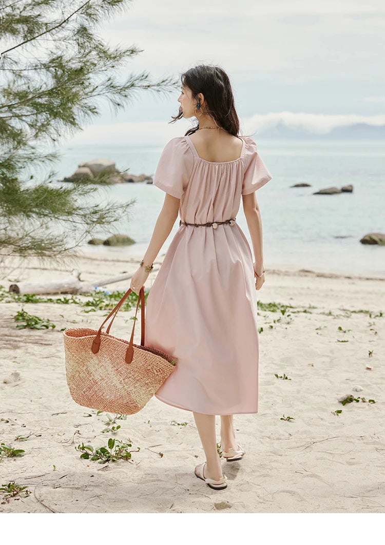 Mishow Bohemian Pink Square Collar Belt Dress MXE33L2158