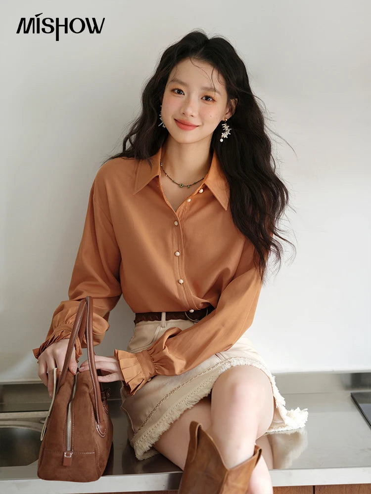 MISHOW Women's Color Block Shirt Pleated Cuffs Lapel Top MXE41C2352