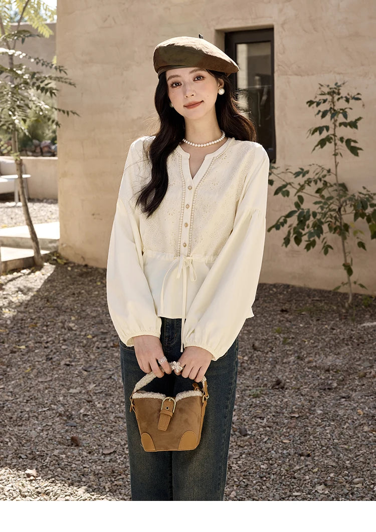 MISHOW French V-Neck Blouse Lace Lantern Sleeve Drawstring Waist MXD45X1660