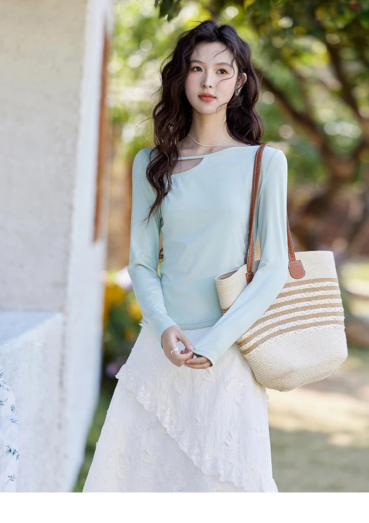 Mishow Irregular Hollow Neck Slim Solid Top MXE13Z1116