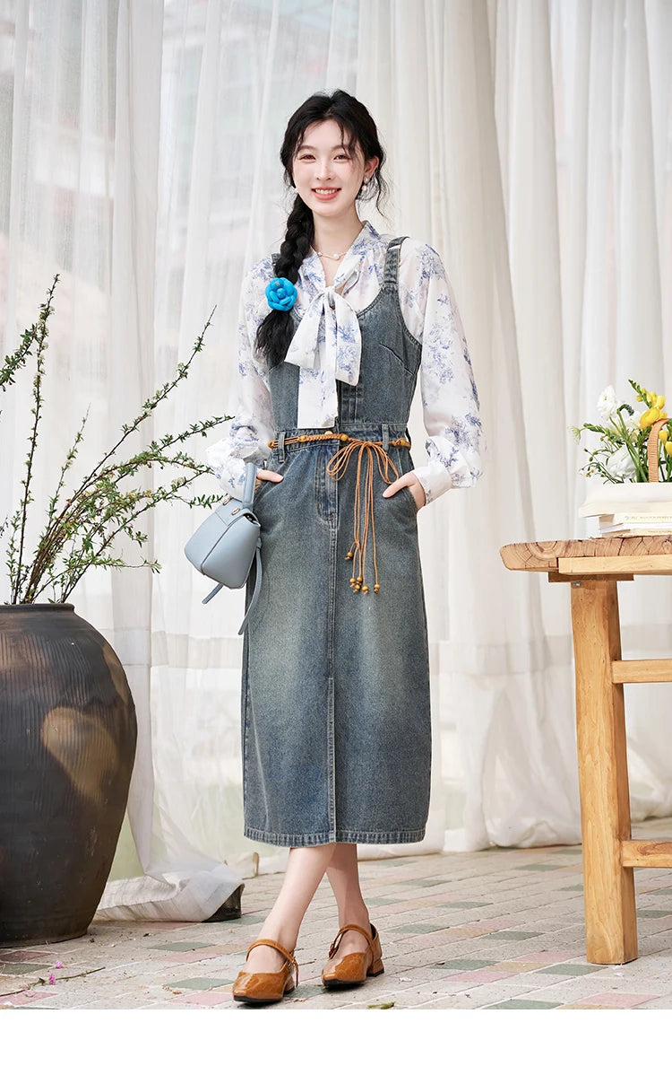 MISHOW Retro Denim Strap Pocket Midi Dress MXD14L1817
