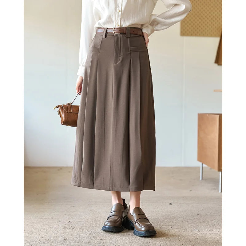 MISHOW Pleated Midi Skirt A-LINE Pockets Split Back Hem MXC42B0118