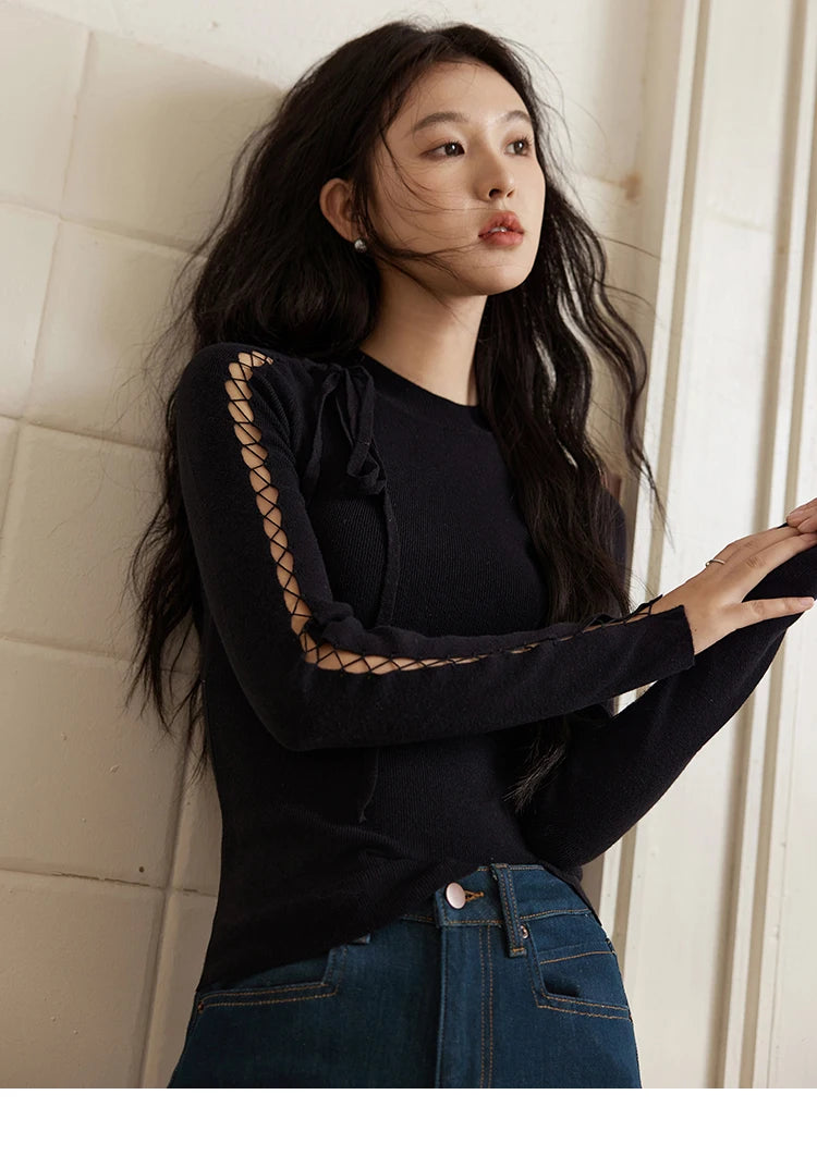Mishow Hollow Tie Design Bottoming Knit Sweater MXD45Z0766