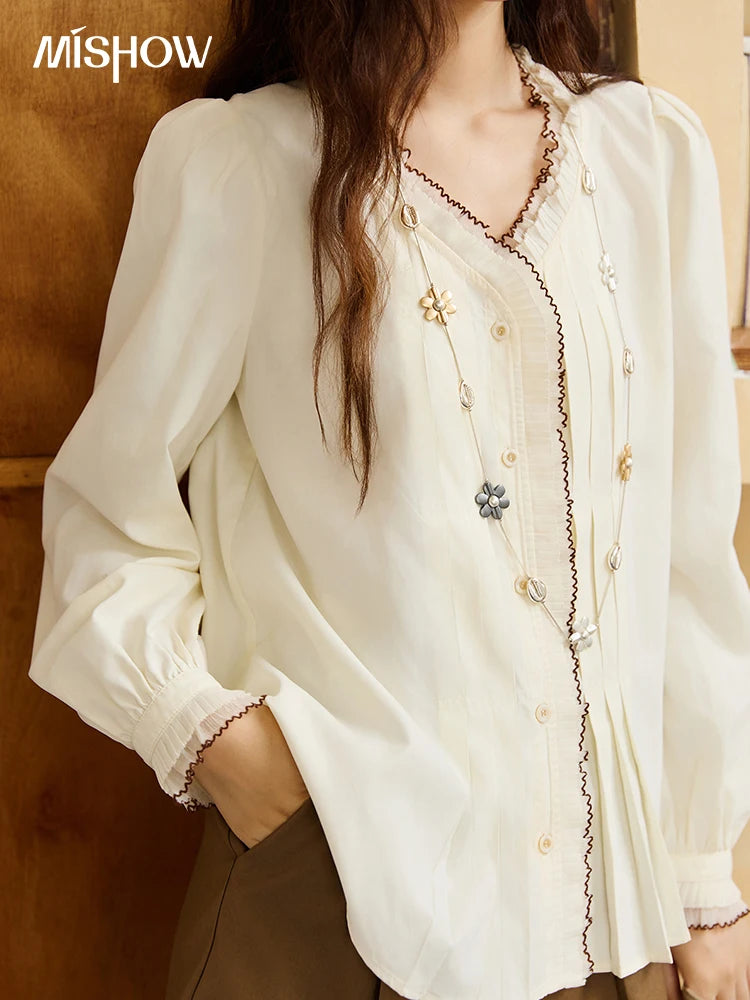 MISHOW Apricot Retro Blouse V-Neck Pleated Double-Layer Lace Lantern Sleeve MXE46C2404