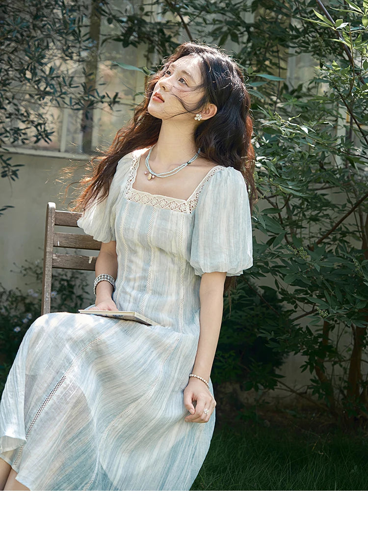 Mishow Striped Square Neck Lace Hollow Dress MXE39L2403