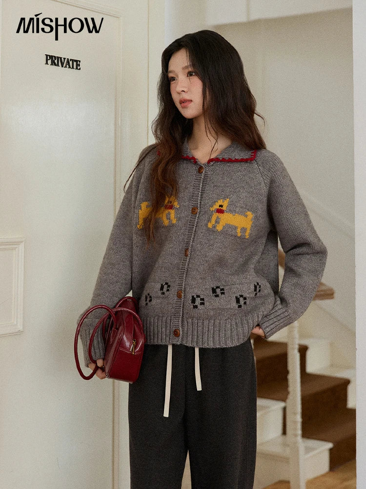 Mishow Dog Cartoon Jacquard Turn-Down Cardigan MXE86Z2727