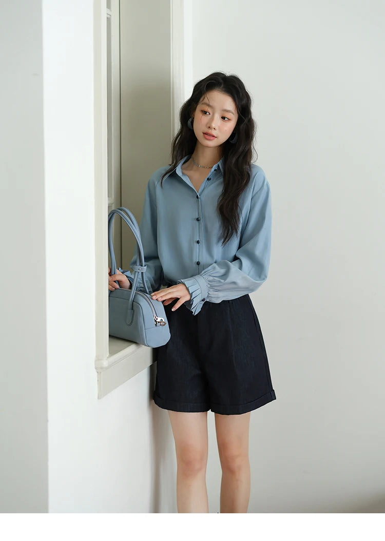 MISHOW Women's Color Block Shirt Pleated Cuffs Lapel Top MXE41C2352