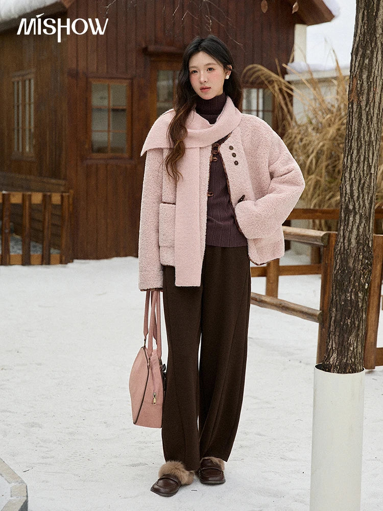Mishow Plaid Patchwork Lamb Wool Round Neck Coat MXE90W0923