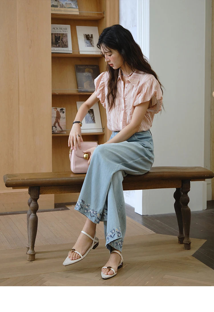 MISHOW Pink Turn-Down Collar Shirt Flower Bud Sleeve Striped MXD24C0204