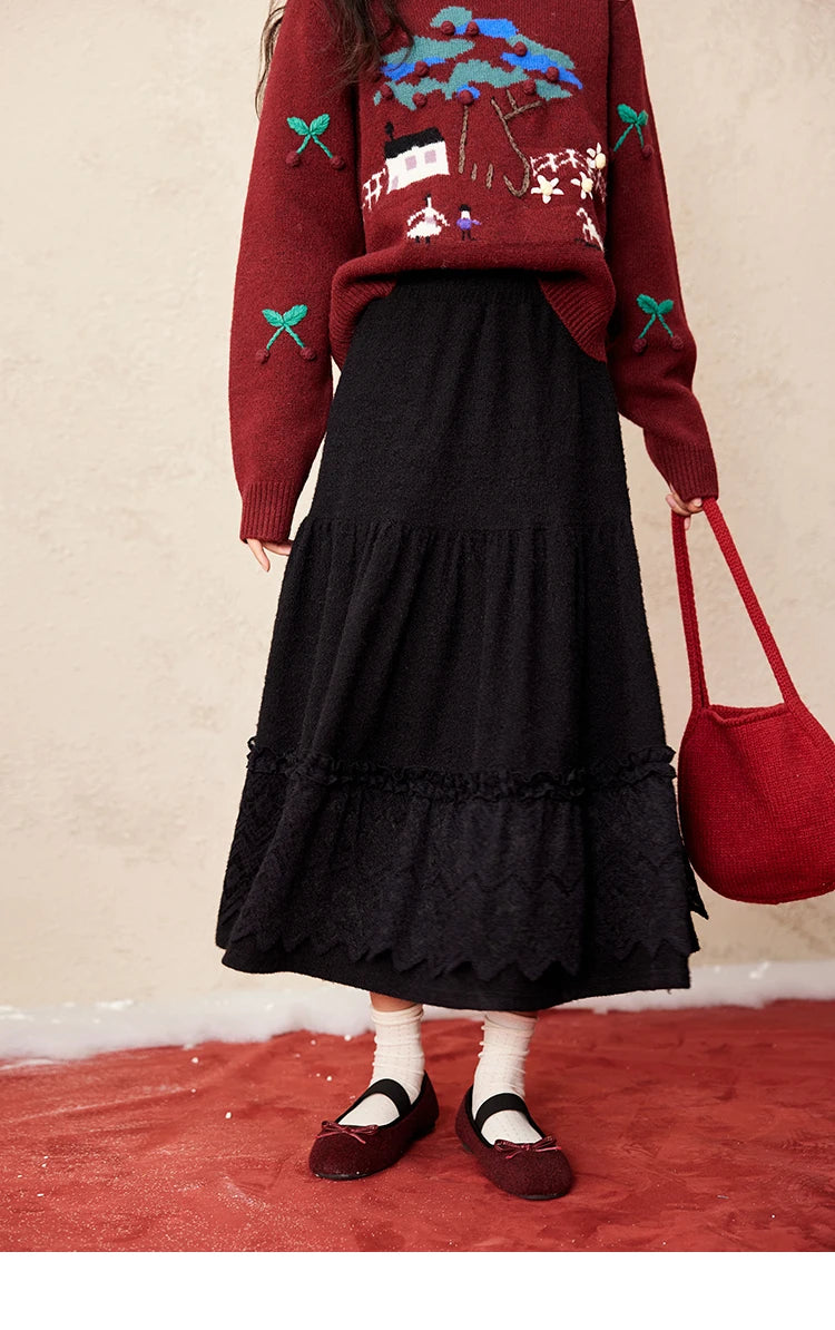 MISHOW Splicing Knitted Skirt Lace Loose Pleated Long MXD59B0632