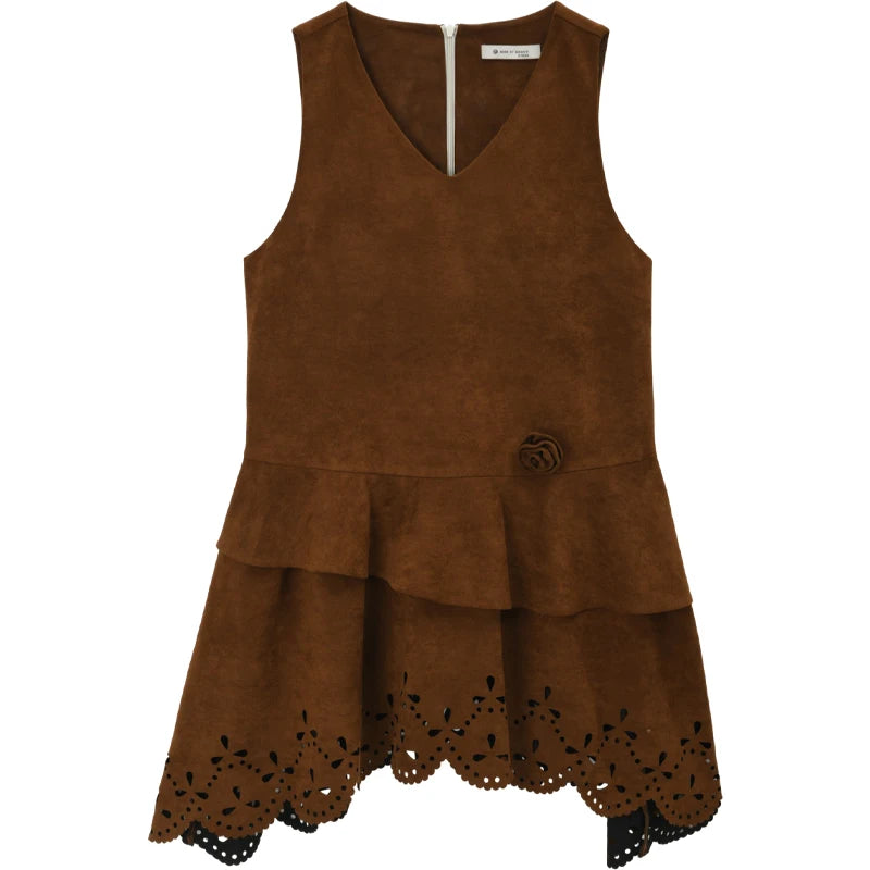 Mishow Brown Retro Suede Hollow Out Vest Dress MXE51L2524