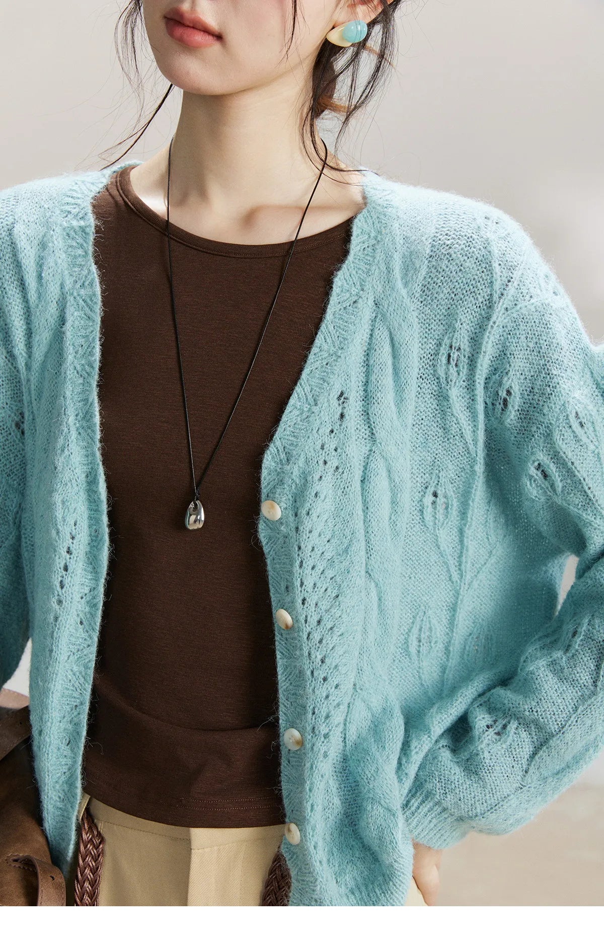 Mishow Blue Hollow Out V-Neck Wool Cardigan MXF13Z2975