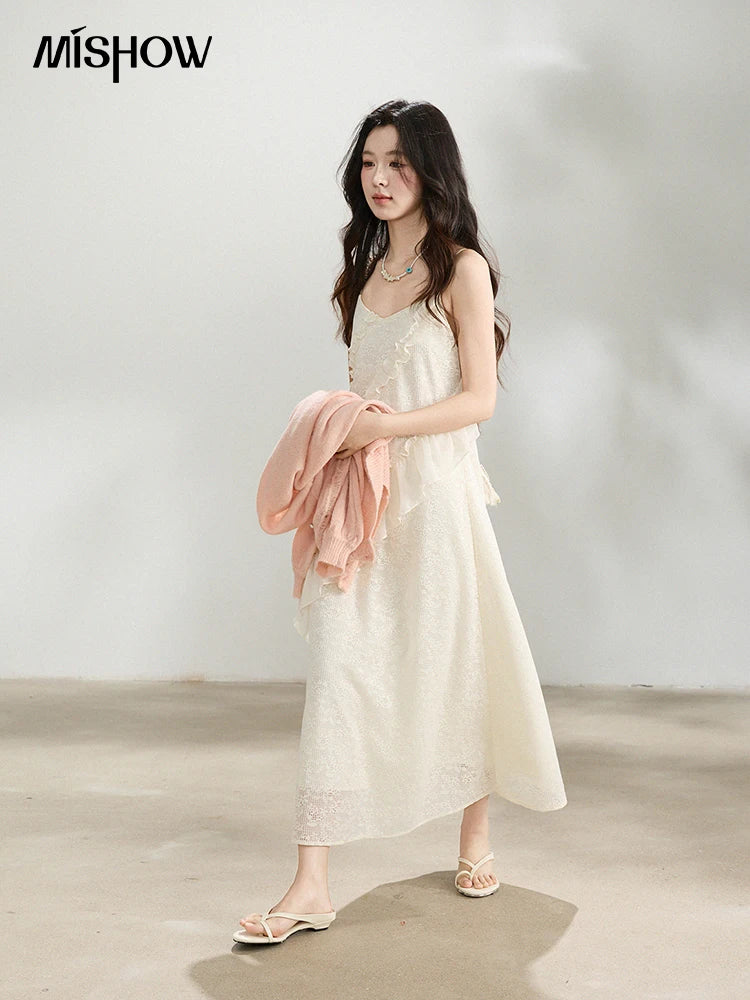Mishow Cream Irregular Lace Ruffled Slip Dress MXF108L1005
