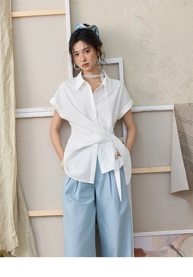 MISHOW Sea Salt Blue Wide Leg Pants Contrasting Bead Belt MXE35K0931