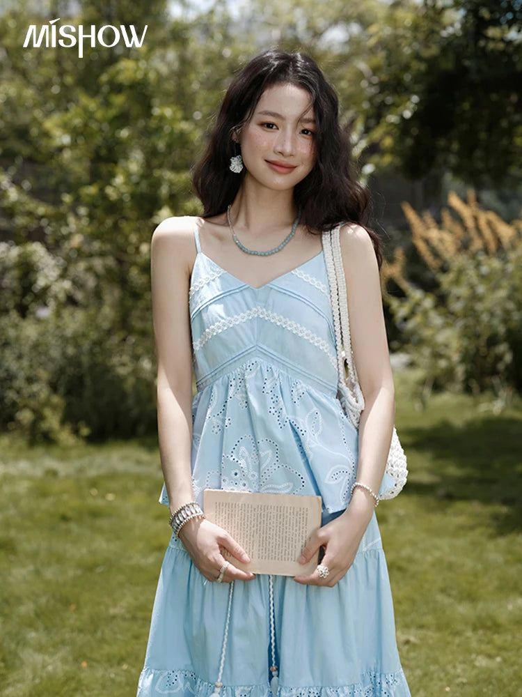Mishow Strap V-Neck Embroidery Top & Drawstring Skirt Set MXE34T0624