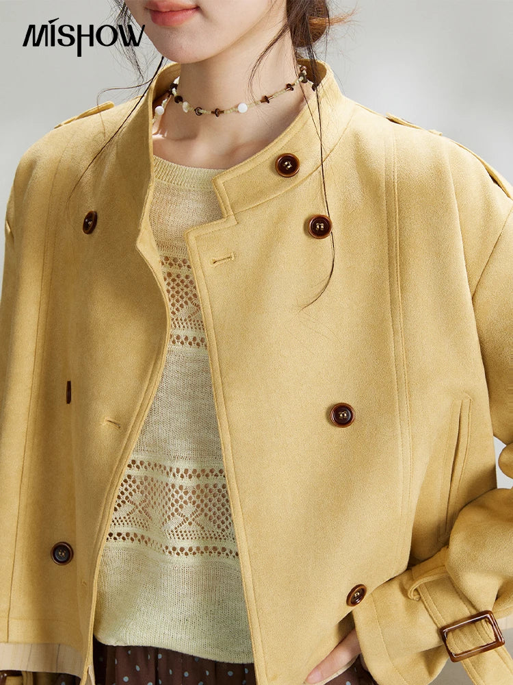 Mishow Yellow Double-Breasted Stand Collar Trench MXF11W1026