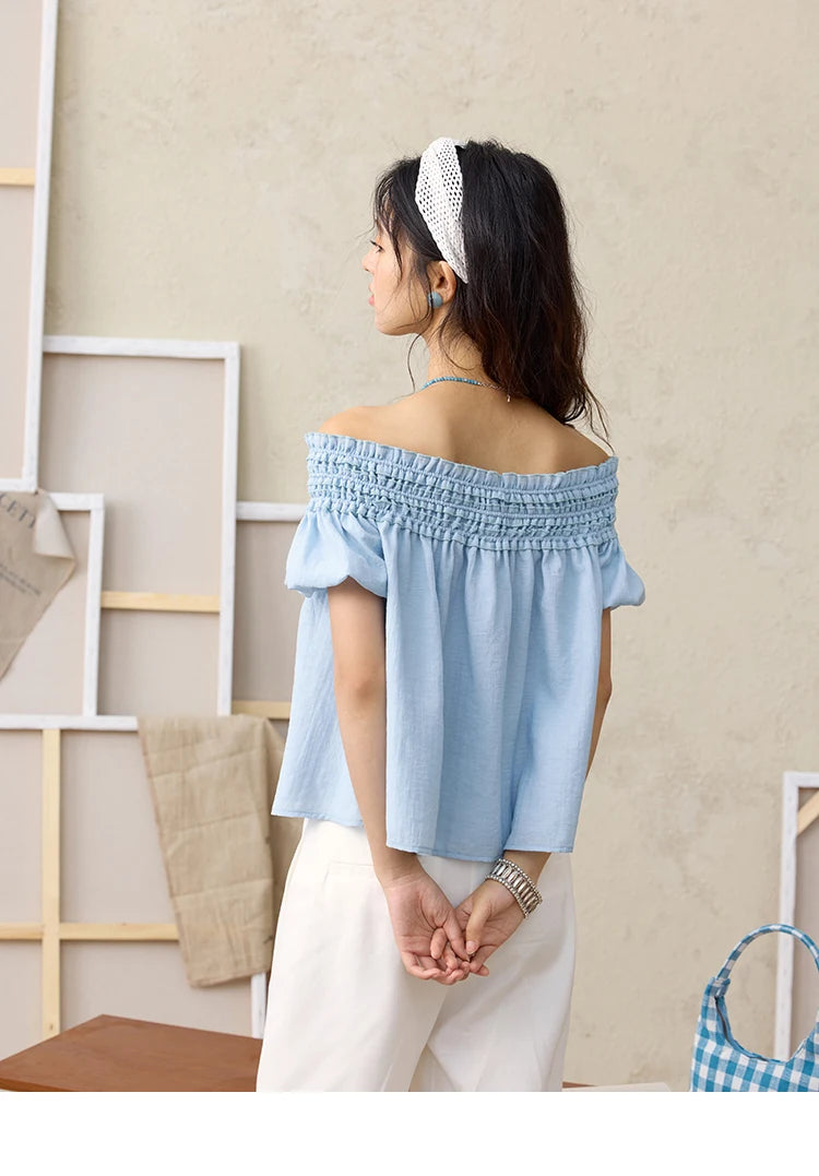 MISHOW Mist Blue One Shoulder Blouse Elastic Pleated Puff Sleeve MXE34X1796