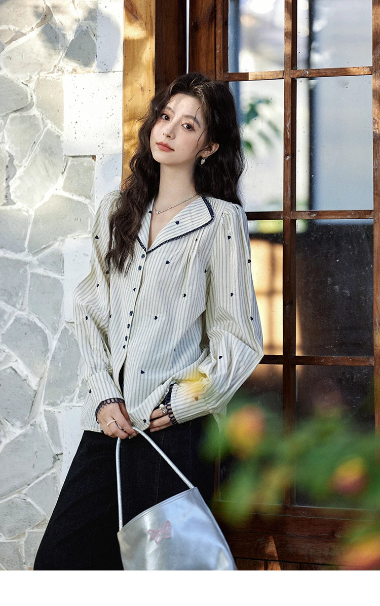 MISHOW Striped Bubble Sleeve Shirt Love Embroidered MXE12C0390