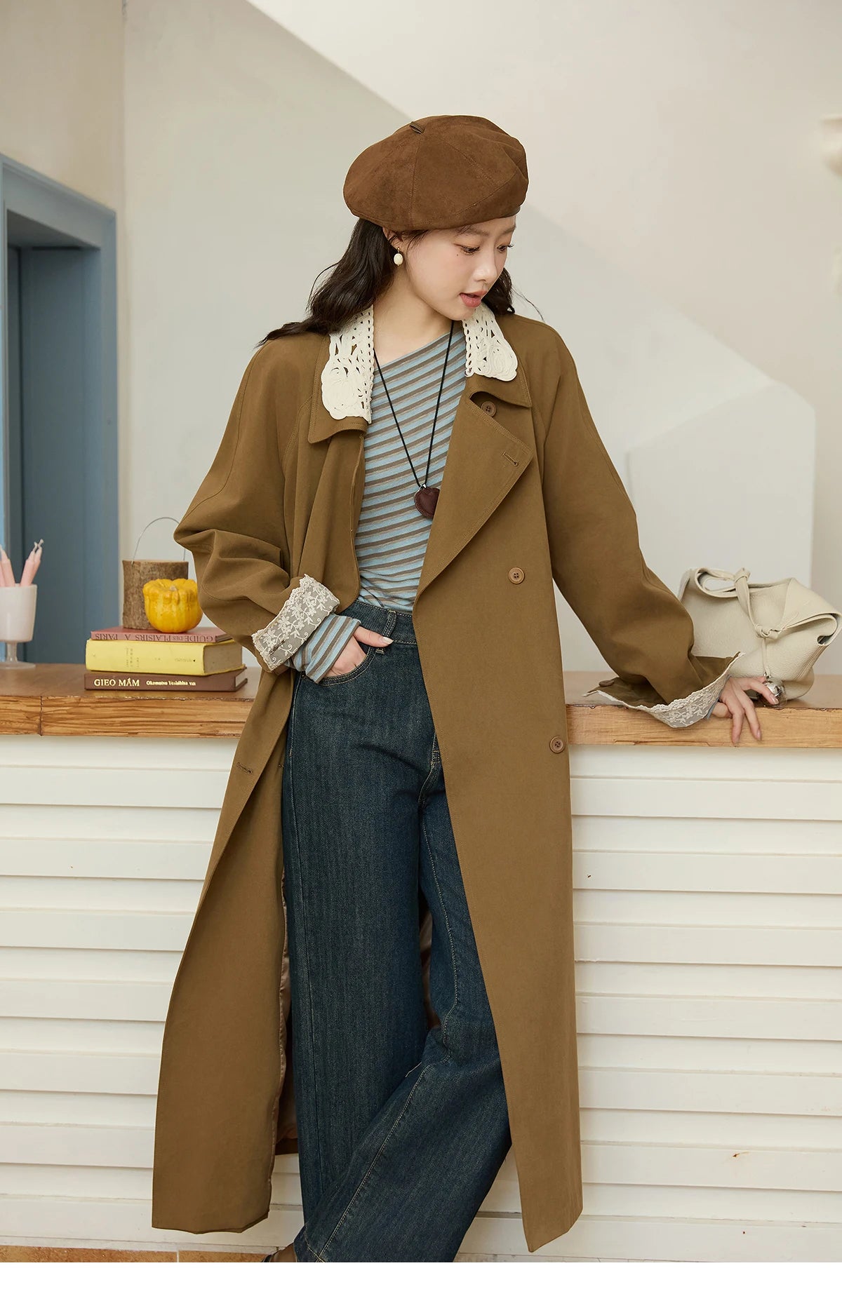 Mishow Light Khaki Lace Long Trench Coat MXE45W0830