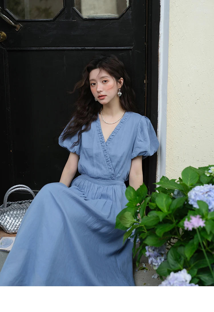 Mishow V-Neck Puff Sleeve Pocket Sash Dress MXE39L2381