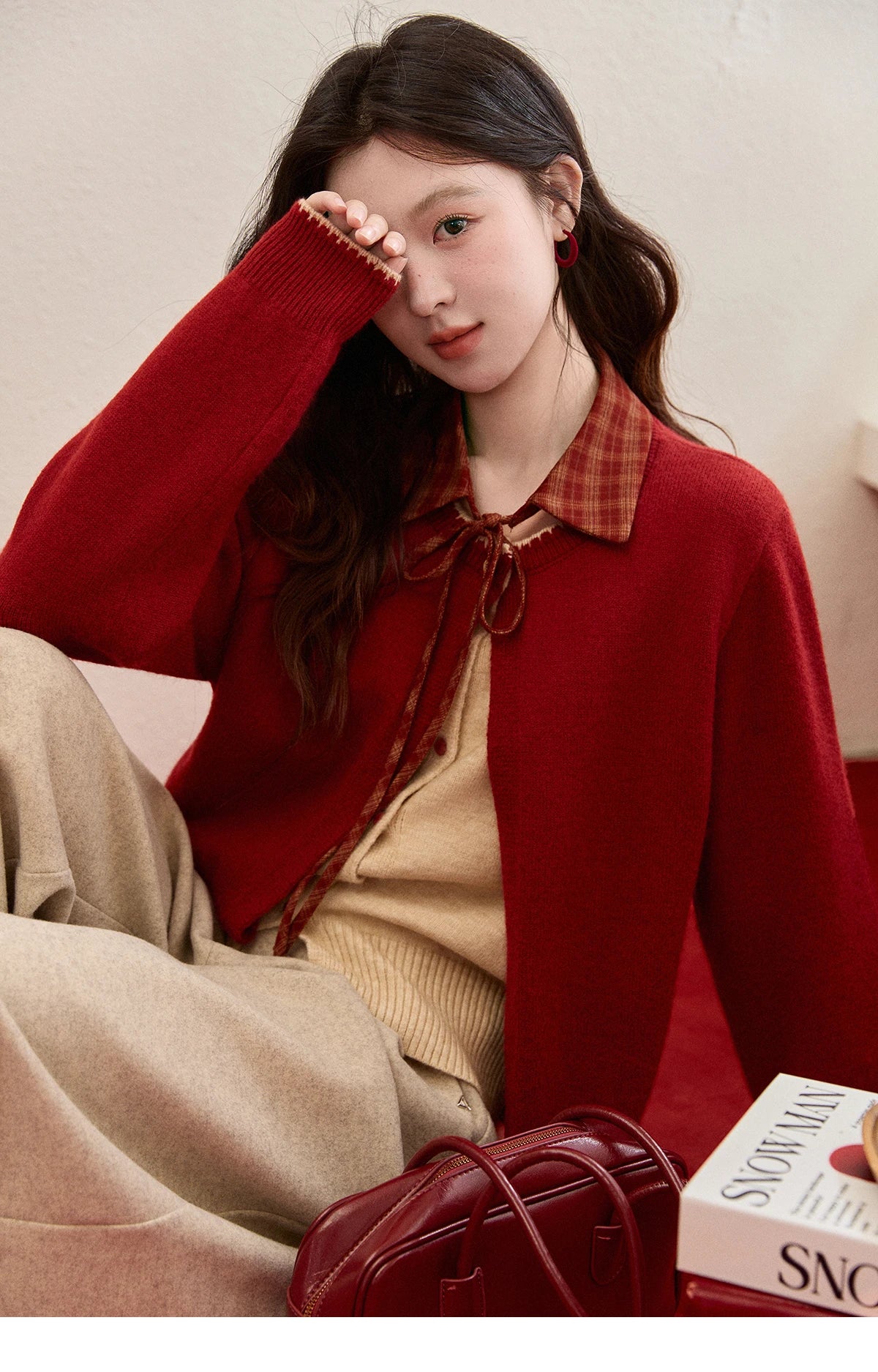 Mishow Color Block Fake Two-Piece Removable Collar Cardigan MXE93Z2816