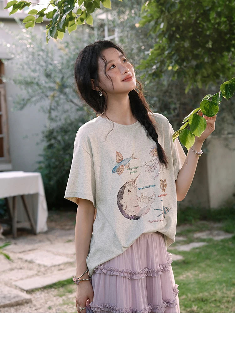 Mishow Cartoon Print Loose Cotton Tee MXE36T0575