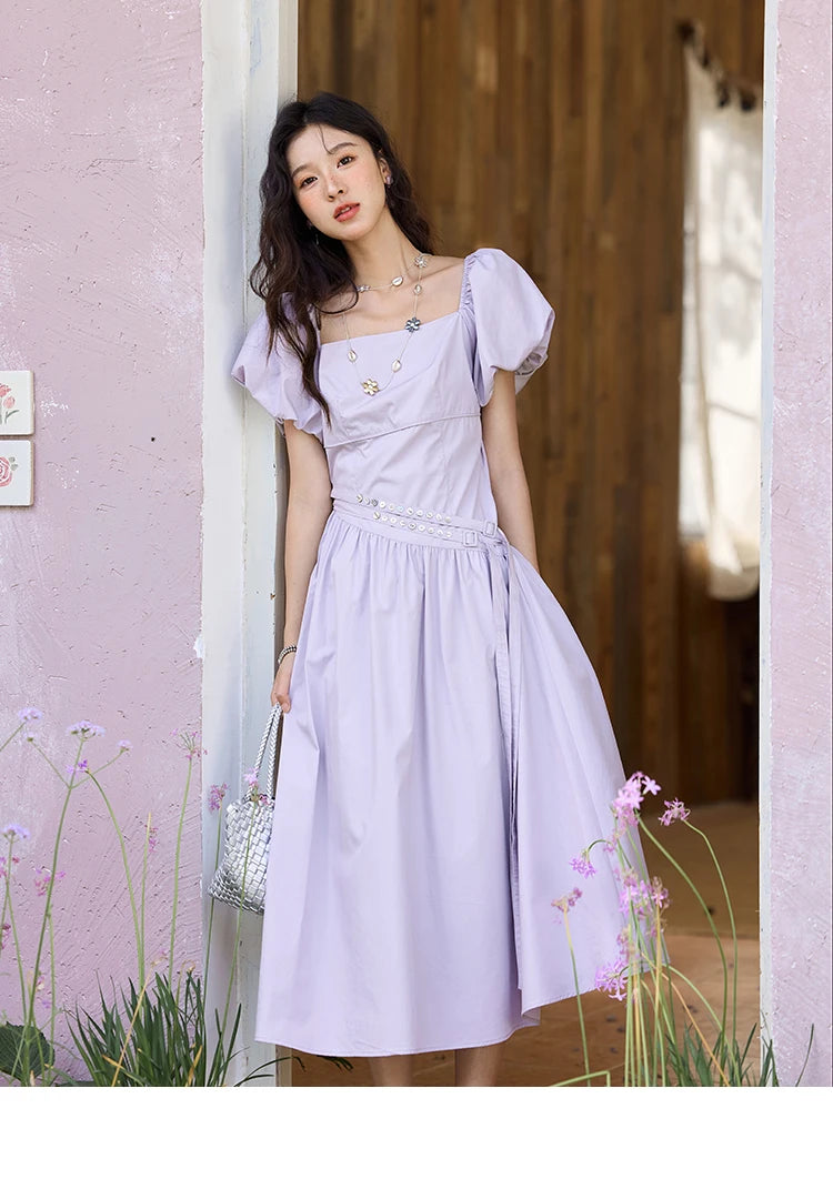 Mishow French Purple Puff Sleeve Square Neck Dress MXE34L2222