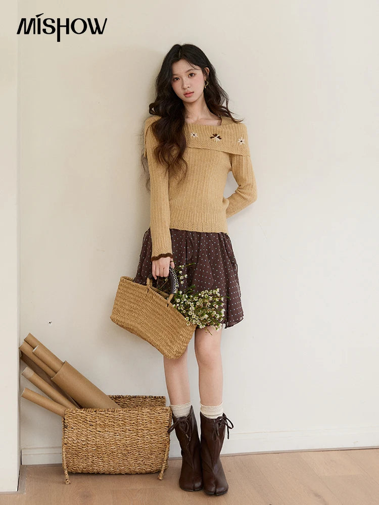 Mishow Yellow One Shoulder Floral Ribbed Sweater MXF11Z2894