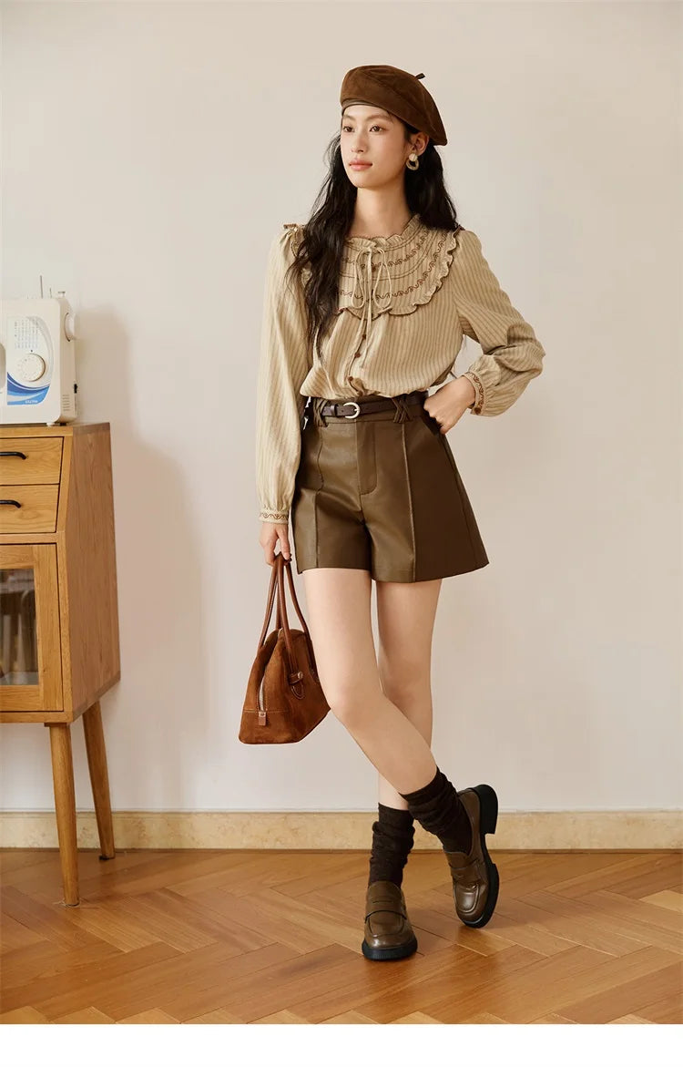 Mishow PU Leather High Waist A-Line Shorts with Slanted Pockets MXE48K1086