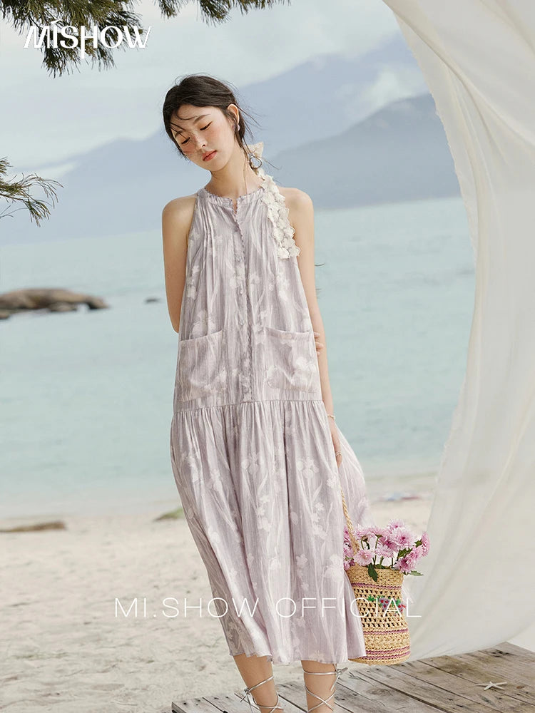 Mishow Purple Print Chiffon Stand Collar Dress MXE32L2163