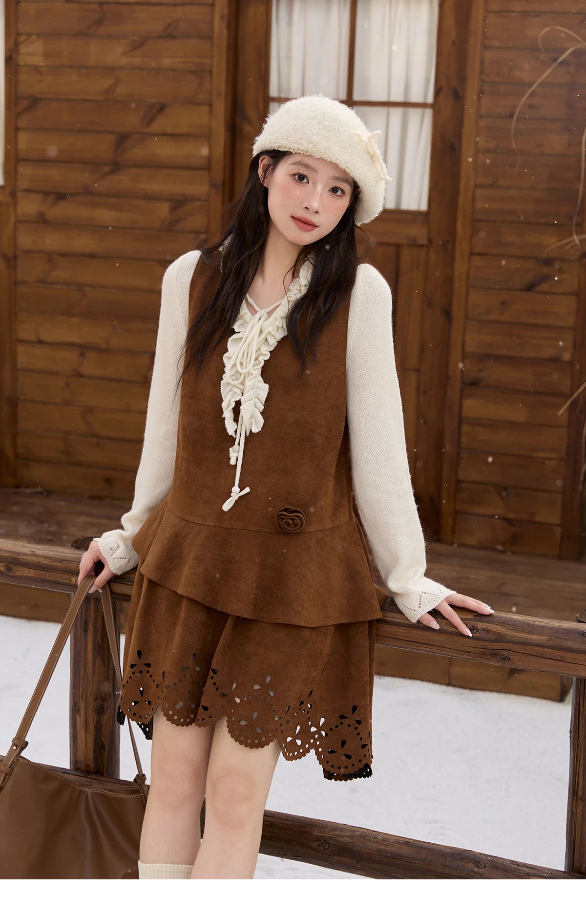 Mishow Beige V-Neck Wood Ear Hollow Sweater MXE51Z2595