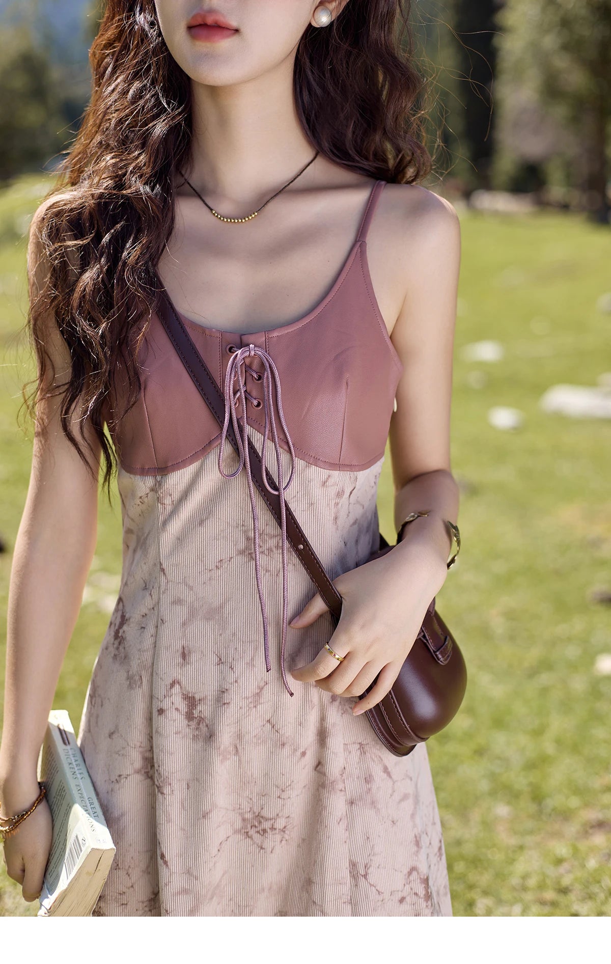 Mishow Leather Patchwork Floral Strap Dress MXD43L2031