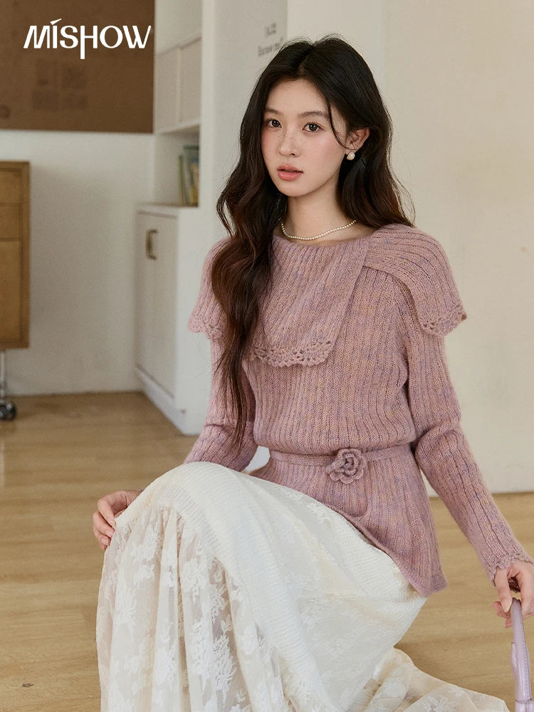 Mishow Pink Large Collar Lace Belted Pullover MXF11Z2901