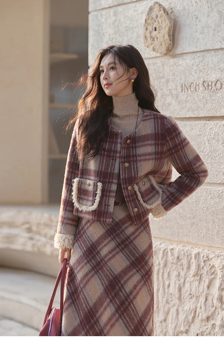 Mishow Plaid Tweed Jacket & Midi Skirt Set MXD54W0562