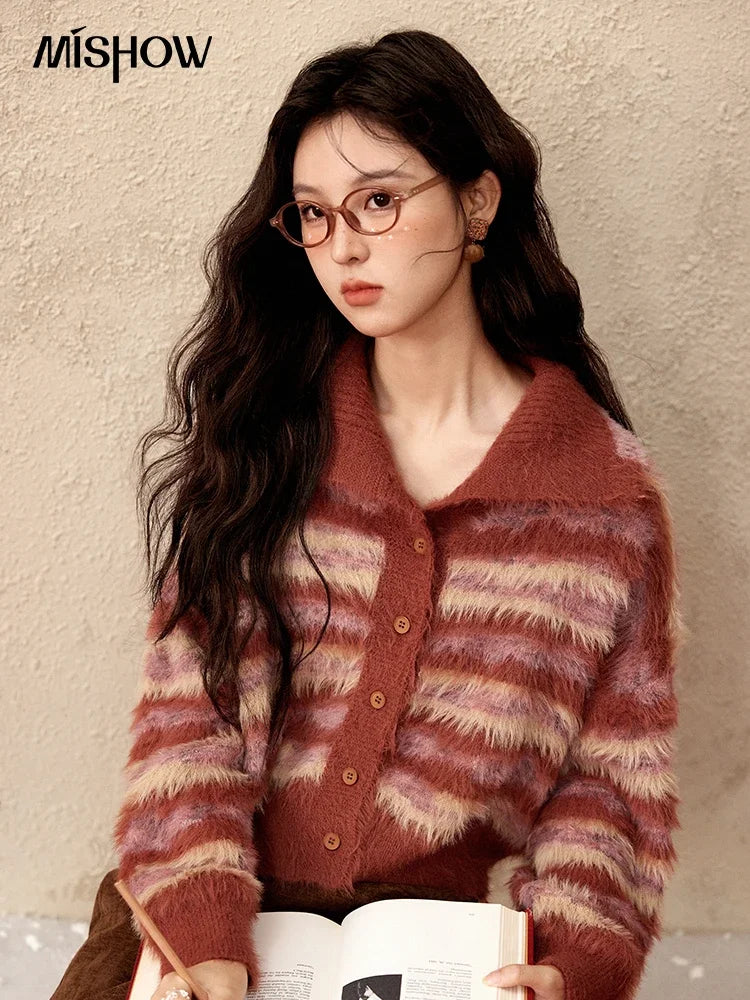 Mishow Red Striped Faux Mink Fur Stand Collar Cardigan MXD59Z1005