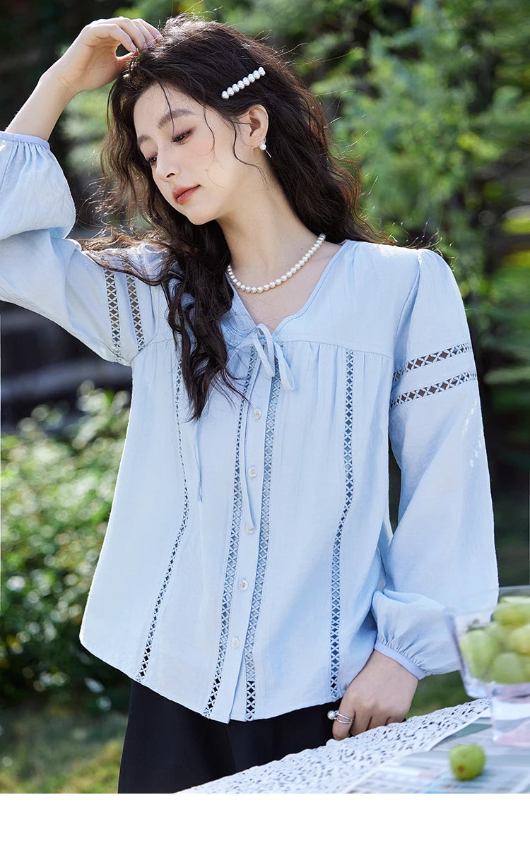 MISHOW Blue V-Neck Shirt Lace-Up Hollow Lantern Sleeve MXE12C0411