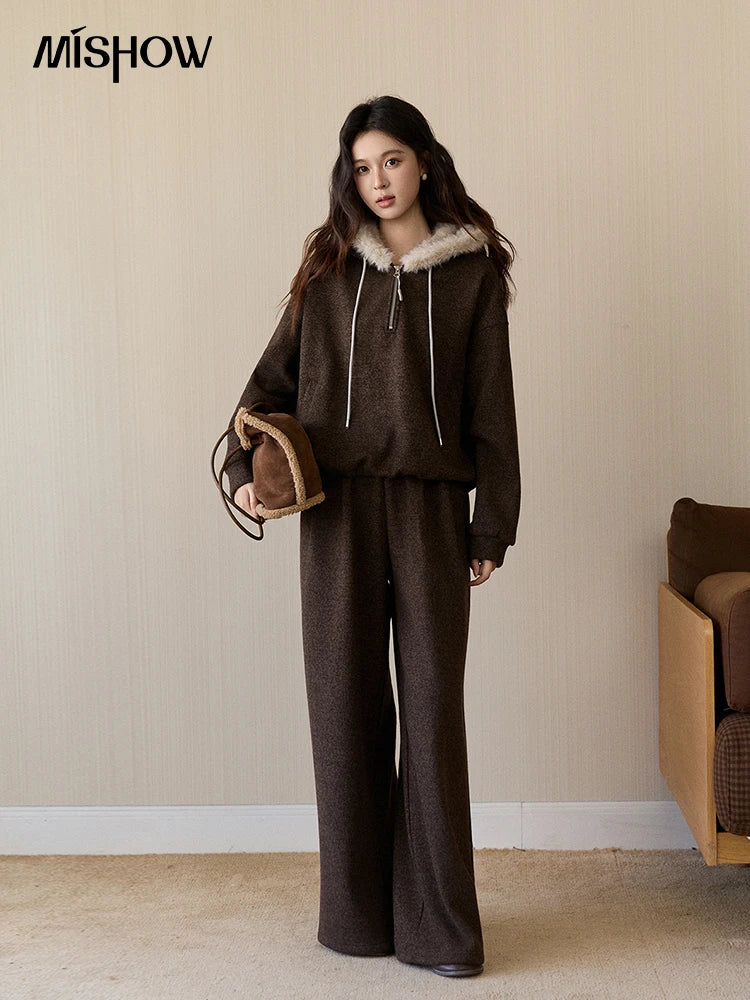 Mishow Brown Faux Fur Hood Sweatshirt & Wide Leg Pants Set MXE94T1476
