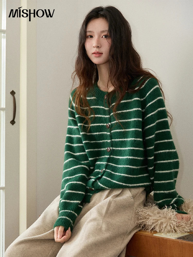 Mishow Green Striped Wool Blend Retro Cardigan MXE86Z2735
