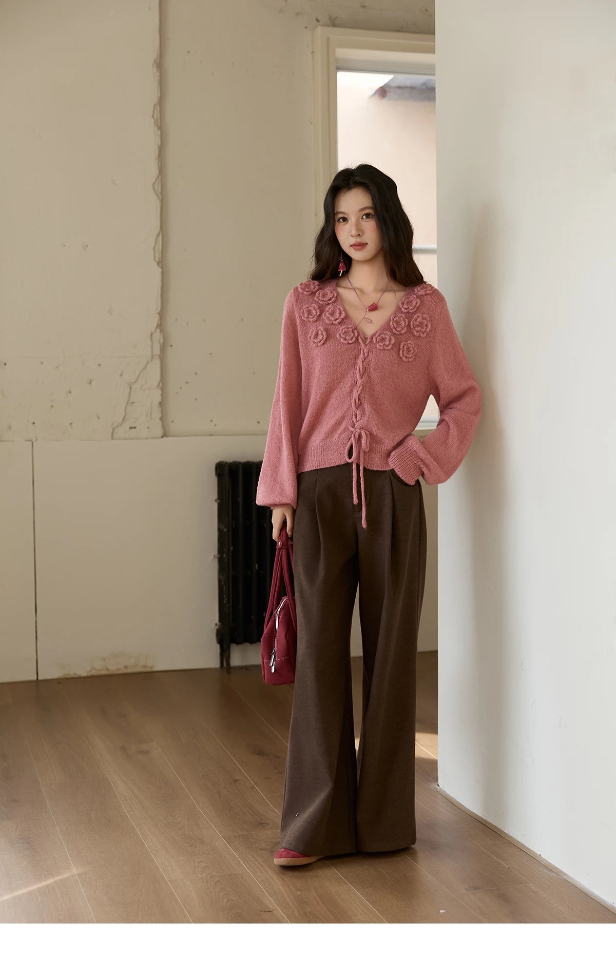 Mishow Pink 3D Rose V-Neck Loose Pullover MXE88Z2708
