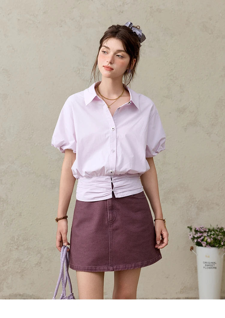 MISHOW Purple Cotton Blouse Turn-Down Collar Short Sleeve MXE32X1794