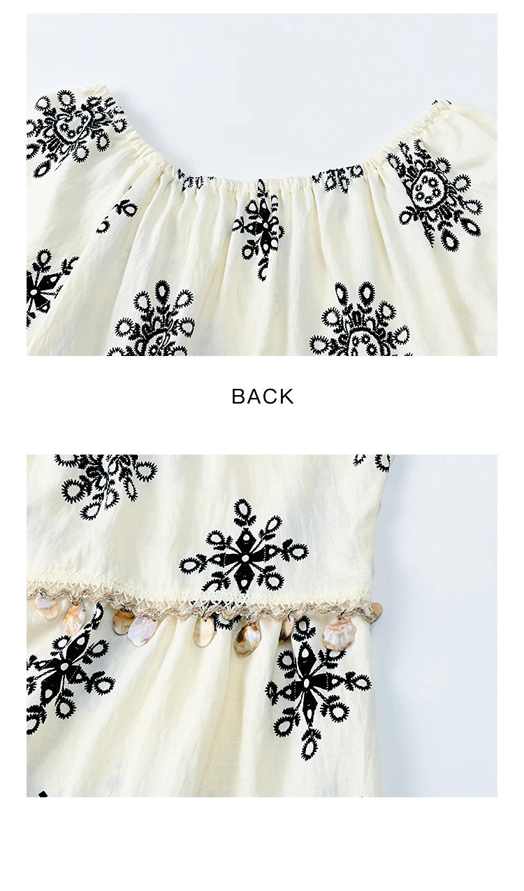 MISHOW Bohemian Print Blouse Short Puff Sleeve Square Collar Shell Ribbon MXE35X1817