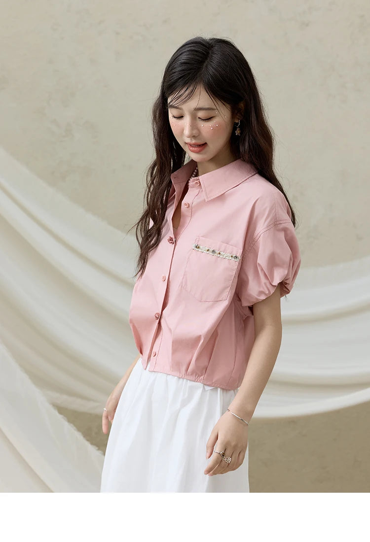 MISHOW Short Puff Sleeve Blouse Turn Down Collar Shell Ribbon MXE33C0773
