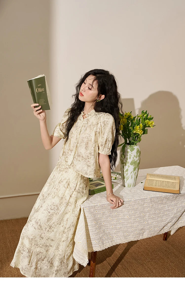 Mishow Chinese Embroidered Puff Sleeve Top & A-Line Skirt Set MXD24X1405