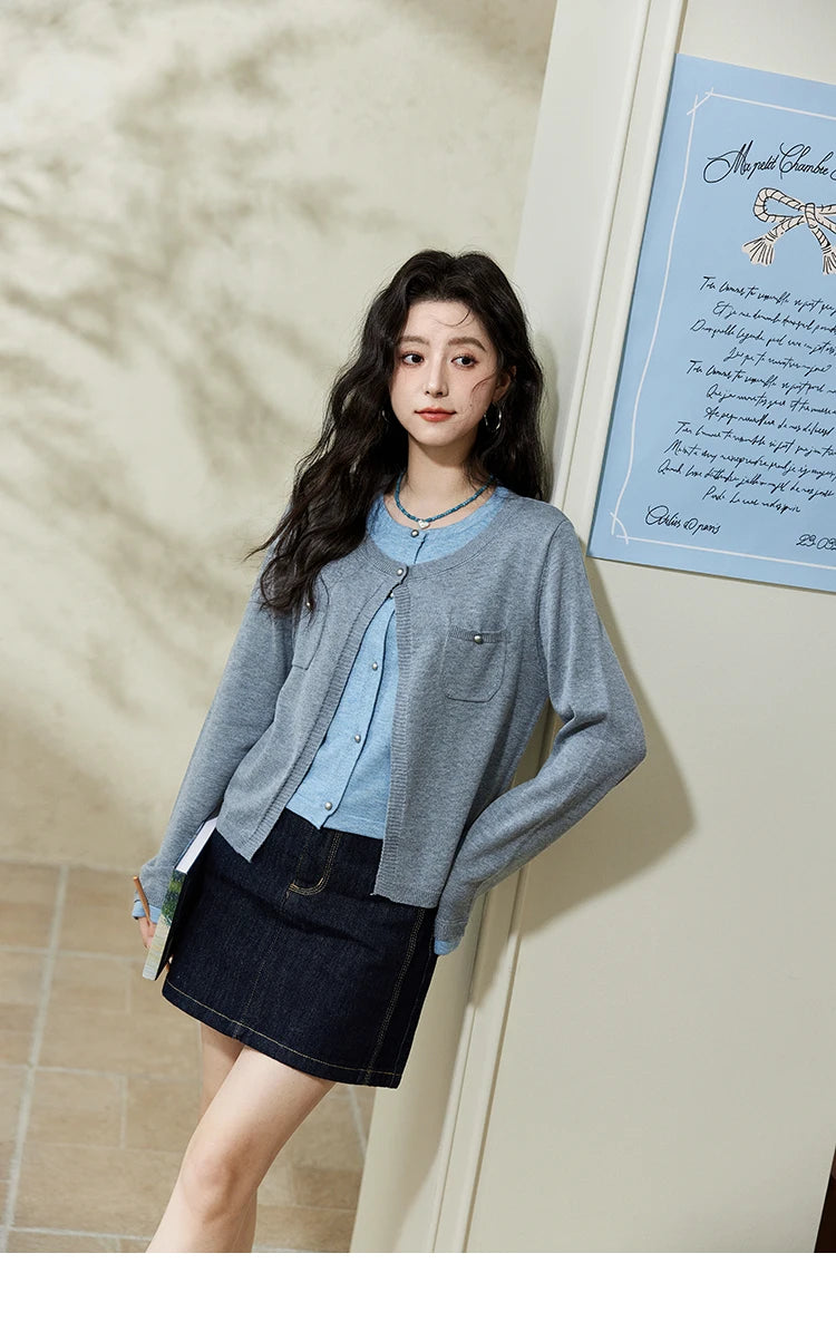 Mishow Fake Two-Piece Contrast Patch Pocket Cardigan MXE12Z1144
