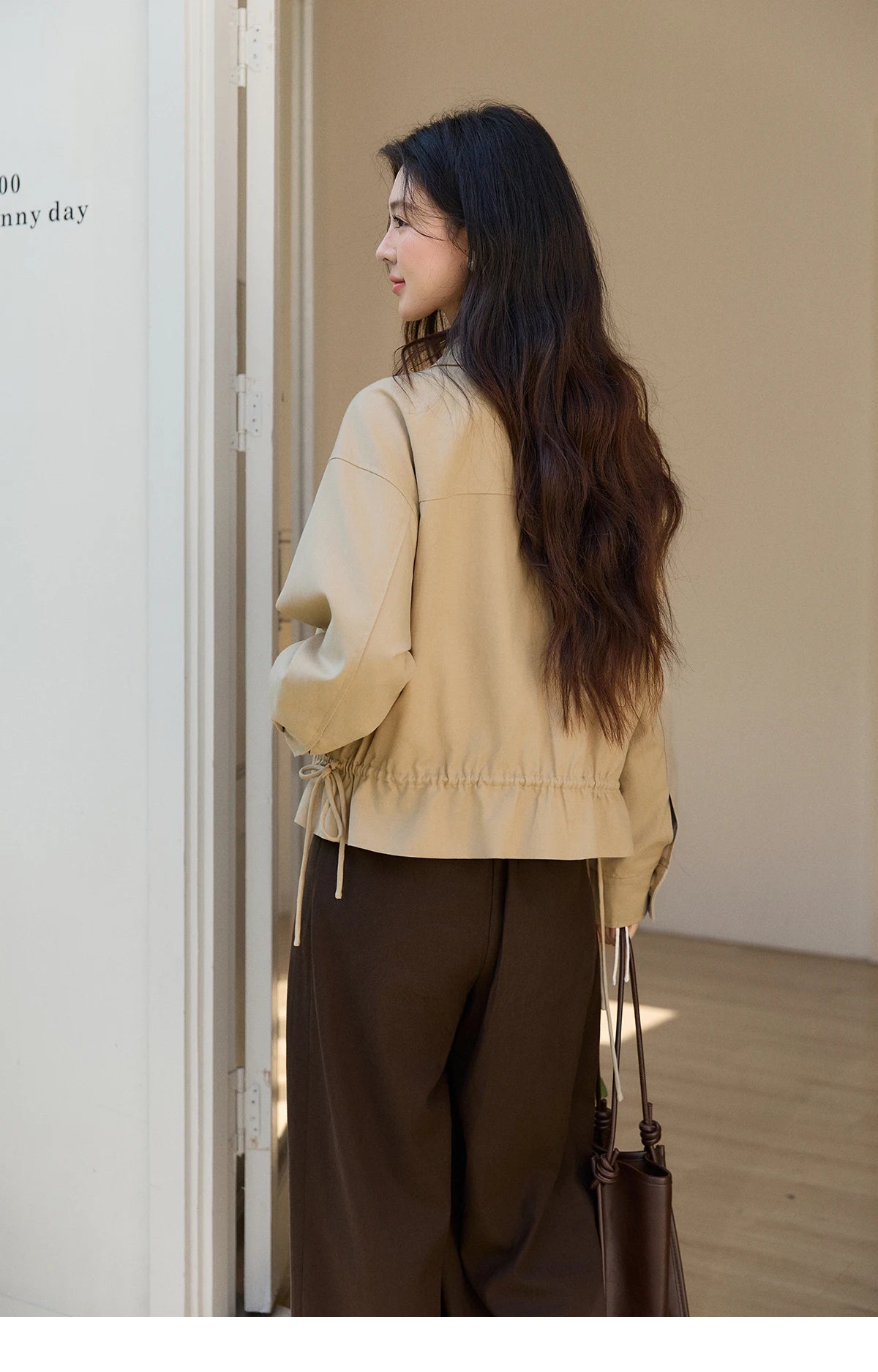 MISHOW Khaki Cropped Jacket Asymmetrical Collar Drawstring Waist MXF11W1029